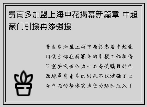 费南多加盟上海申花揭幕新篇章 中超豪门引援再添强援 费南多加盟上海申花揭幕新篇章 中超豪门引援再添强援