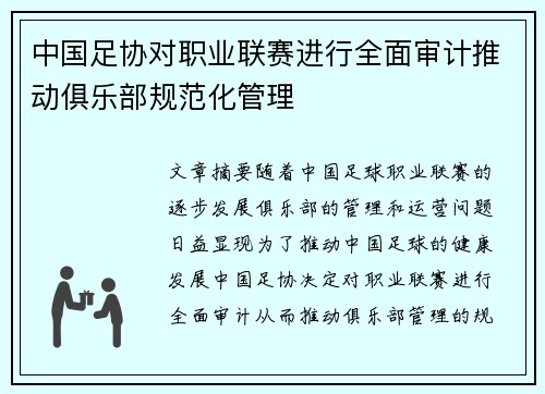 中国足协对职业联赛进行全面审计推动俱乐部规范化管理